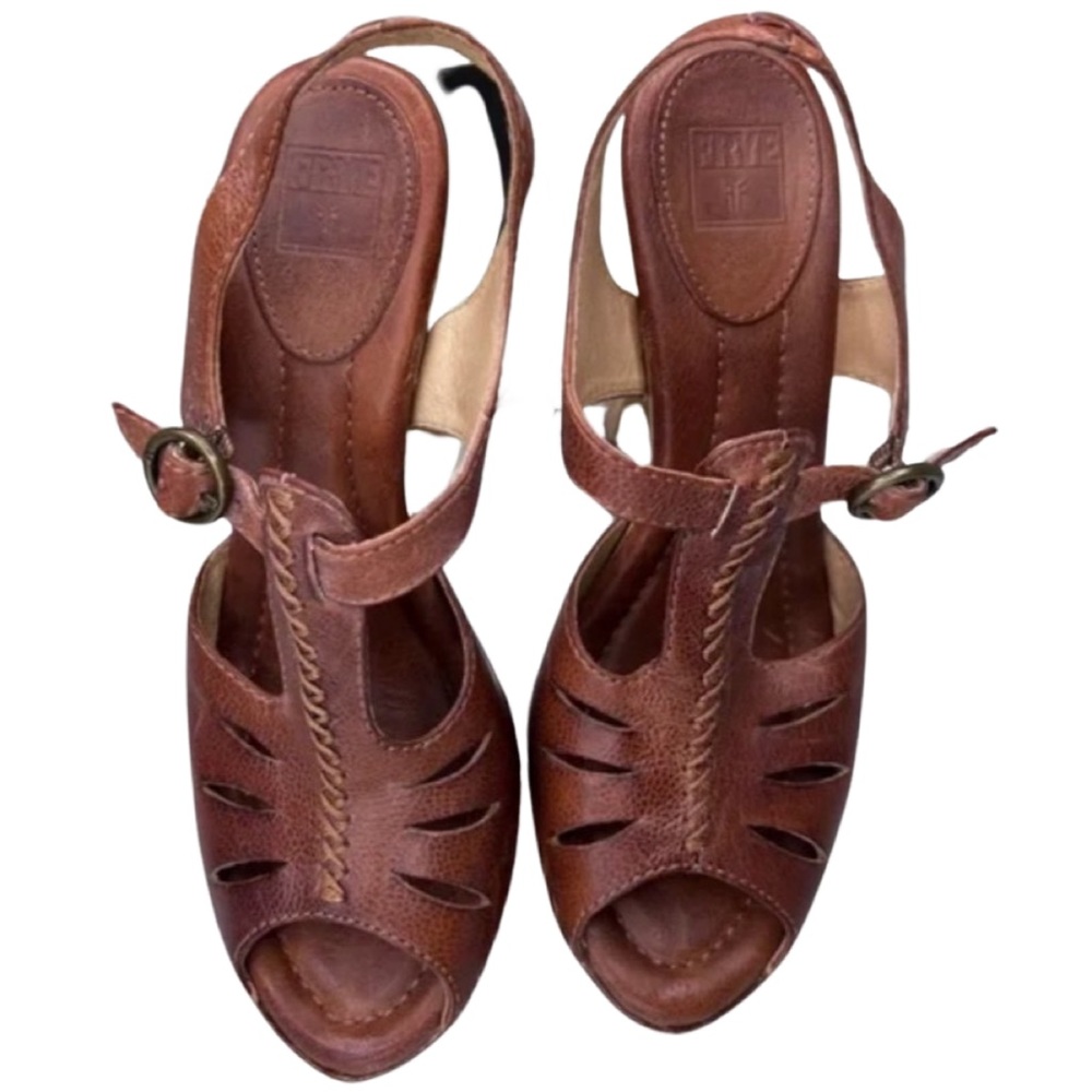 Frye Fran X Stitch Leather 5" High Wood Heels Boho Shoes Brown Sandals Copper 9